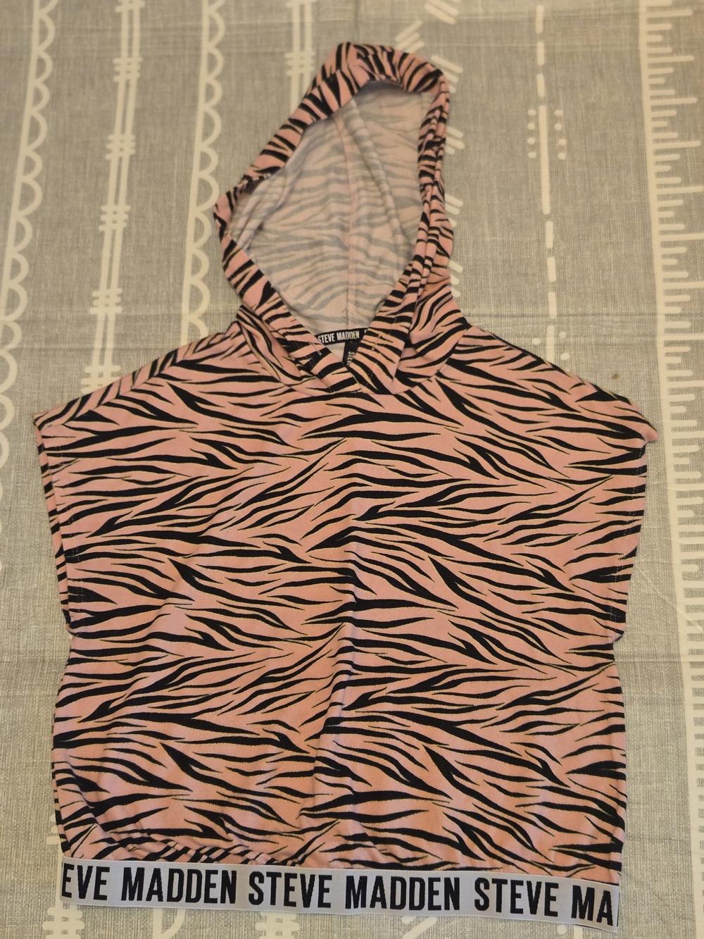 Steve Madden Pink and Black Zebra-Print Hooded Tank with Logo Hem